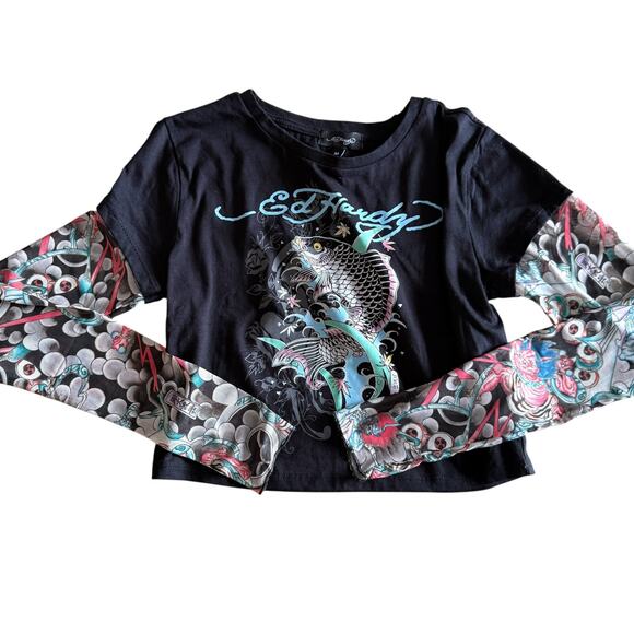 Ed Hardy Layered Tattoo Sleeve Koi Fish Black Graphic T Shirt Y2K Crop Top M - Picture 9 of 10